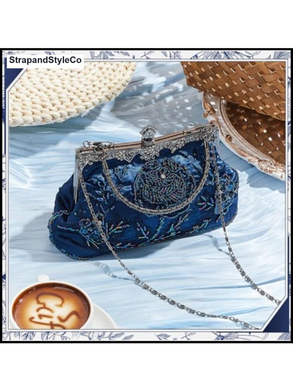 Embroidered Beaded Clutch Evening Bag with Chain Crossbody - Picture 2 of 6